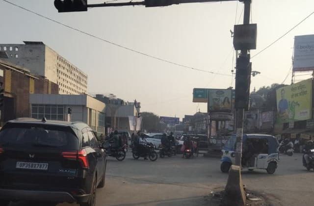 Hoardings above the Naveen Market crossing, Parmat, Kanpur, photographed with a geo-tagged timestamp